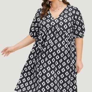 BloomChic Geometric Print Gathered Pocket Puff Sleeve Dress